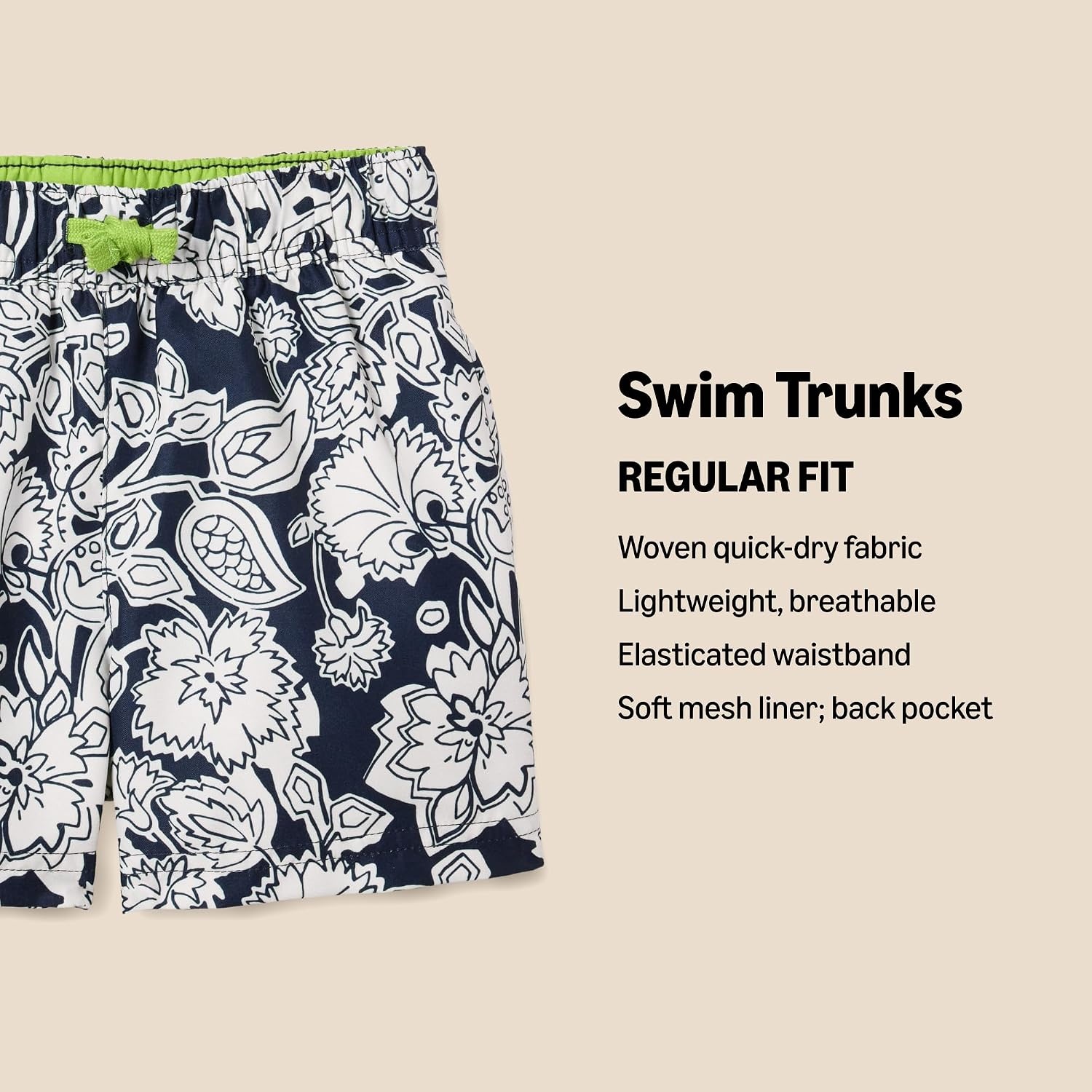 image:imageAmazon Essentials Boys Quick Dry Swimming Board Shorts Swim TrunksNavy Folk Floral