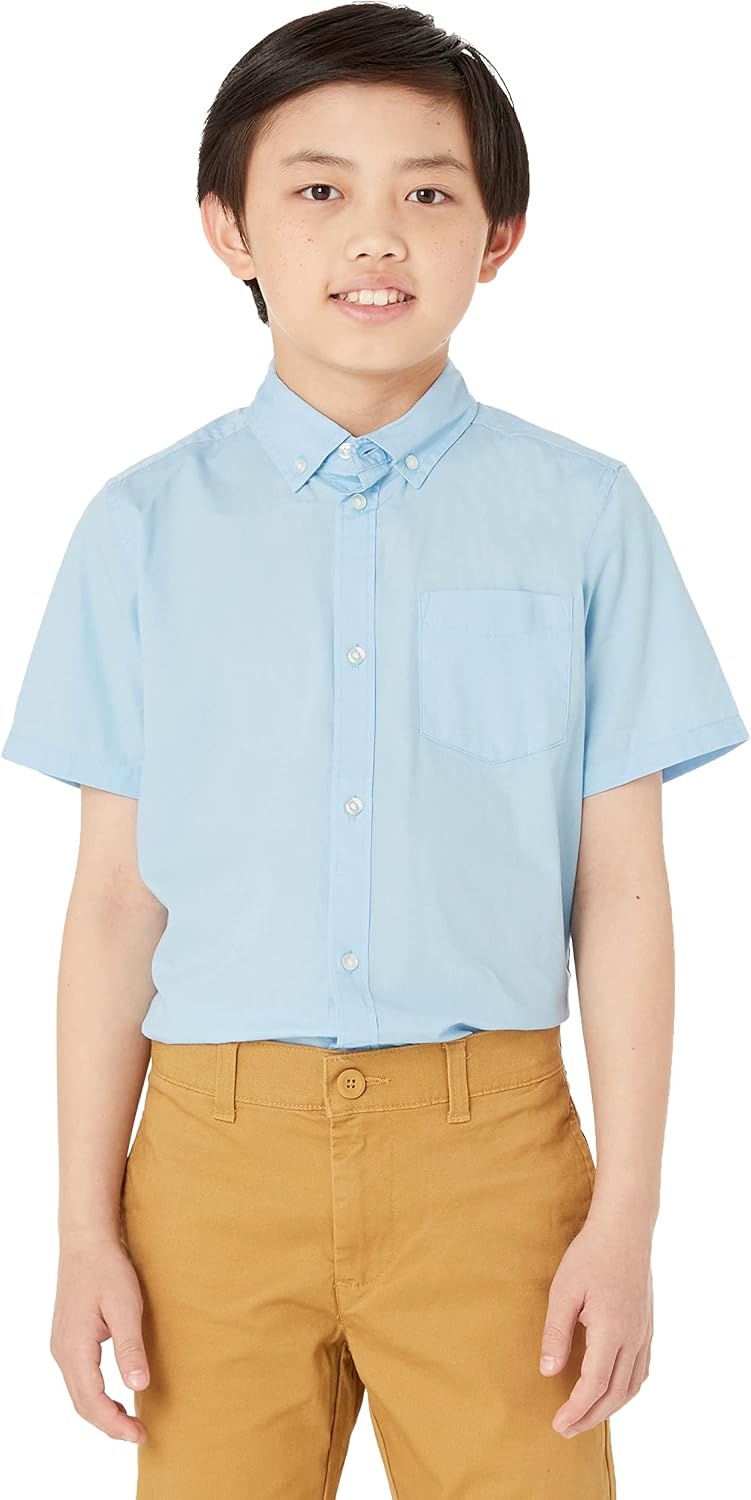 image:imageAmazon Essentials Boys Uniform ShortSleeve Woven Stretch Poplin ButtonDown Shirts Pack of 3Blue