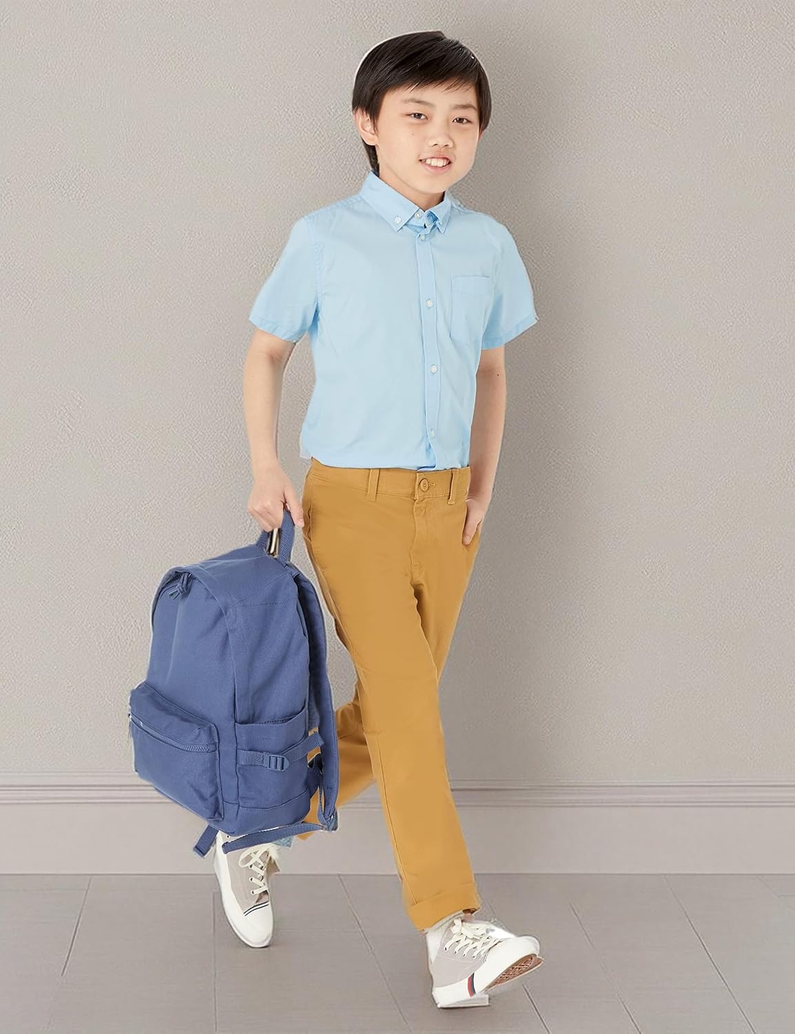 image:imageAmazon Essentials Boys Uniform ShortSleeve Woven Stretch Poplin ButtonDown Shirts Pack of 3Blue