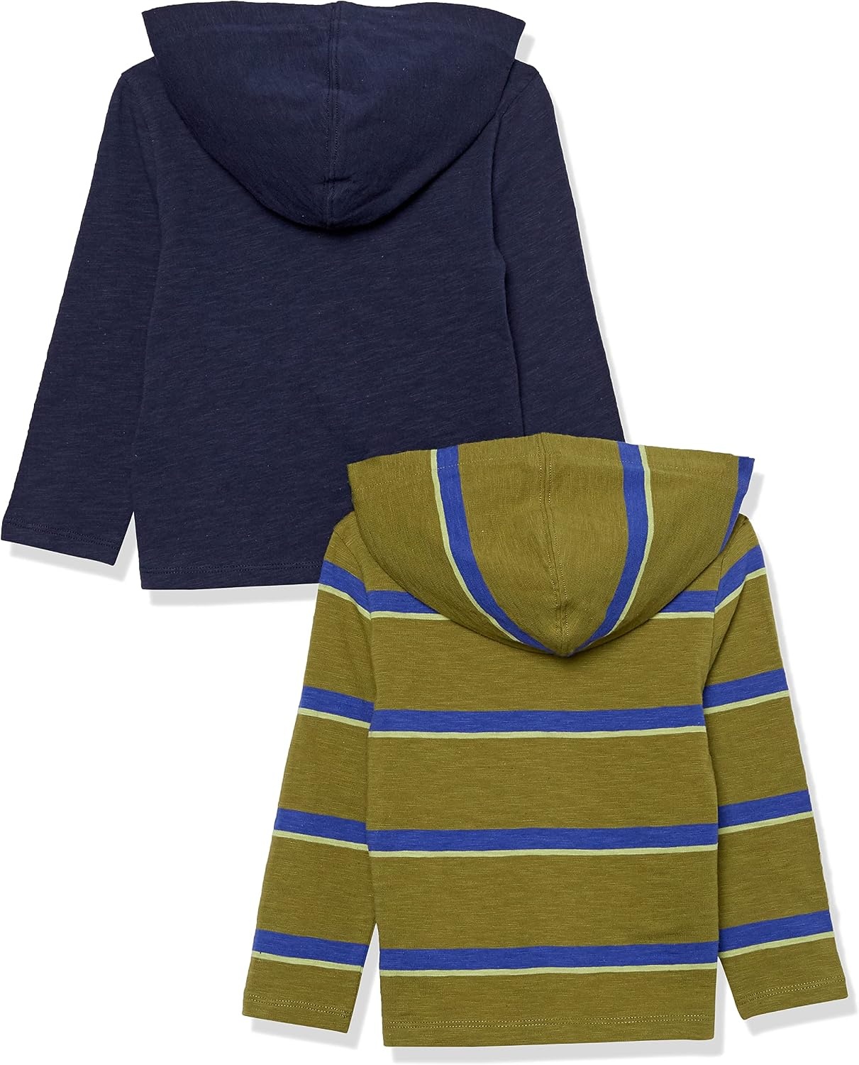 image:imageAmazon Essentials Boys and Toddlers Lightweight LongSleeve Hooded TShirt Pack of 2Dark NavyGreen Stripe