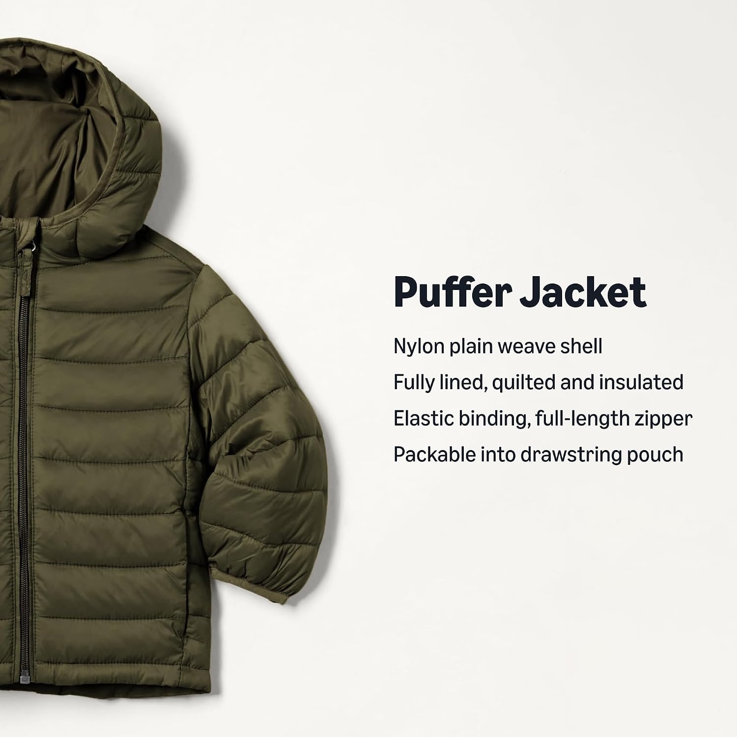 image:imageAmazon Essentials Boys and Toddlers Lightweight WaterResistant Packable Hooded Insulated Puffer JacketDark Olive
