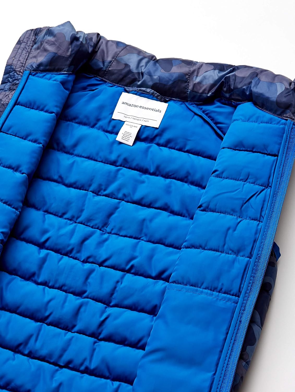 image:imageAmazon Essentials Boys and Toddlers Lightweight WaterResistant Packable Hooded Puffer VestBlue Camo