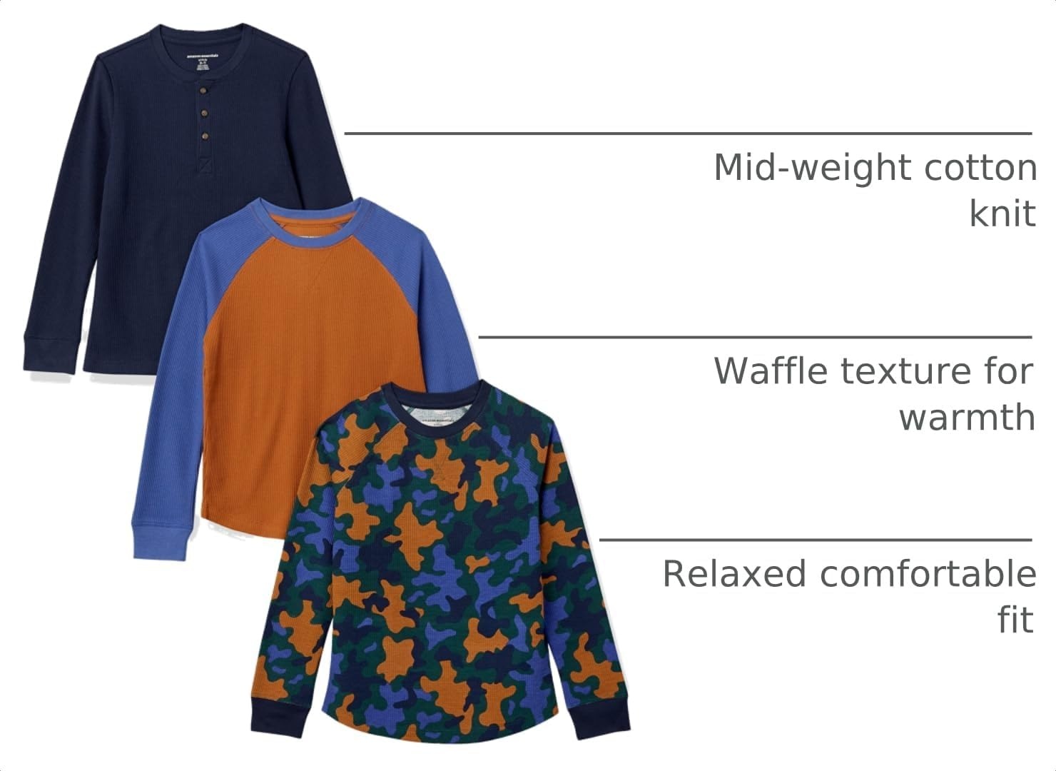 image:imageAmazon Essentials Boys and Toddlers LongSleeve Cotton Thermal TShirt Base Layer Pack of 33pack Multi Camo