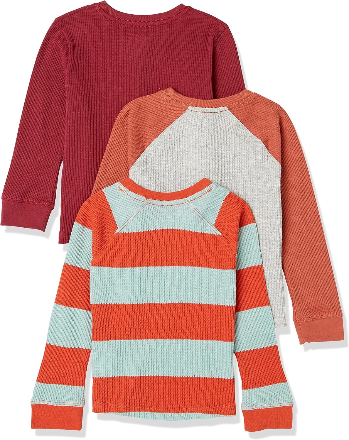 image:imageAmazon Essentials Boys and Toddlers LongSleeve Cotton Thermal TShirt Base Layer Pack of 3BurgundyGreyOrange Rugby Stripe