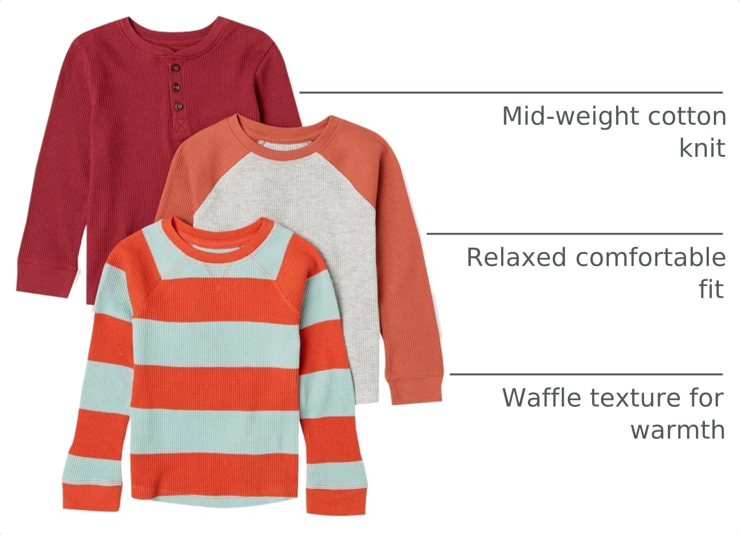 image:imageAmazon Essentials Boys and Toddlers LongSleeve Cotton Thermal TShirt Base Layer Pack of 3Rust Multi Rugby Stripe