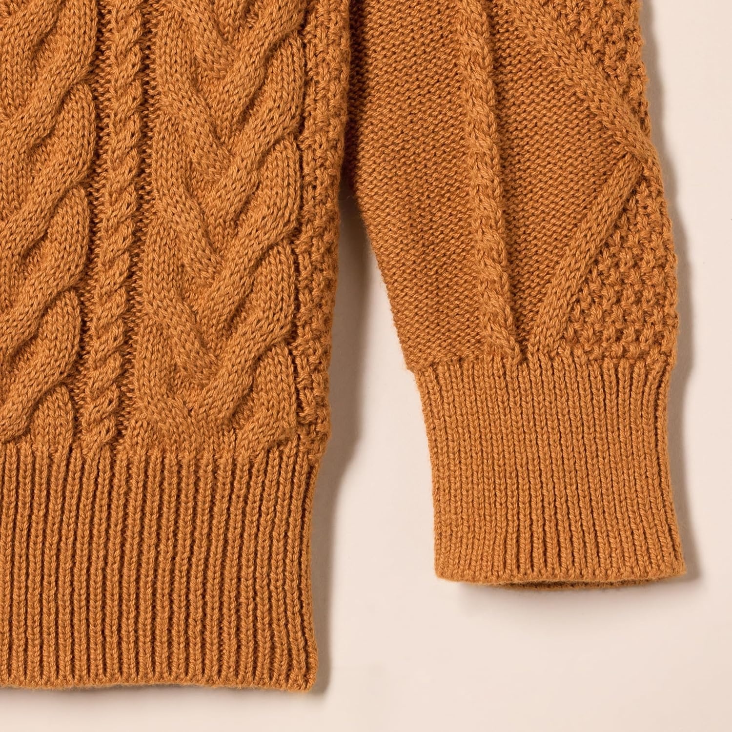 image:imageAmazon Essentials Boys and Toddlers QuarterZip Cotton CableKnit RelaxedFit SweaterCaramel