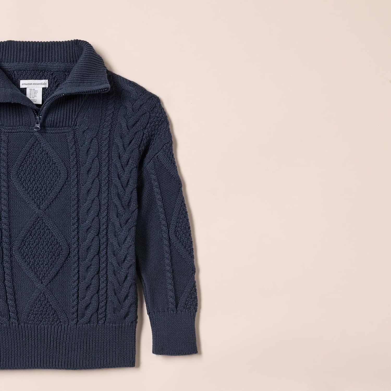 image:imageAmazon Essentials Boys and Toddlers QuarterZip Cotton CableKnit RelaxedFit SweaterNavy