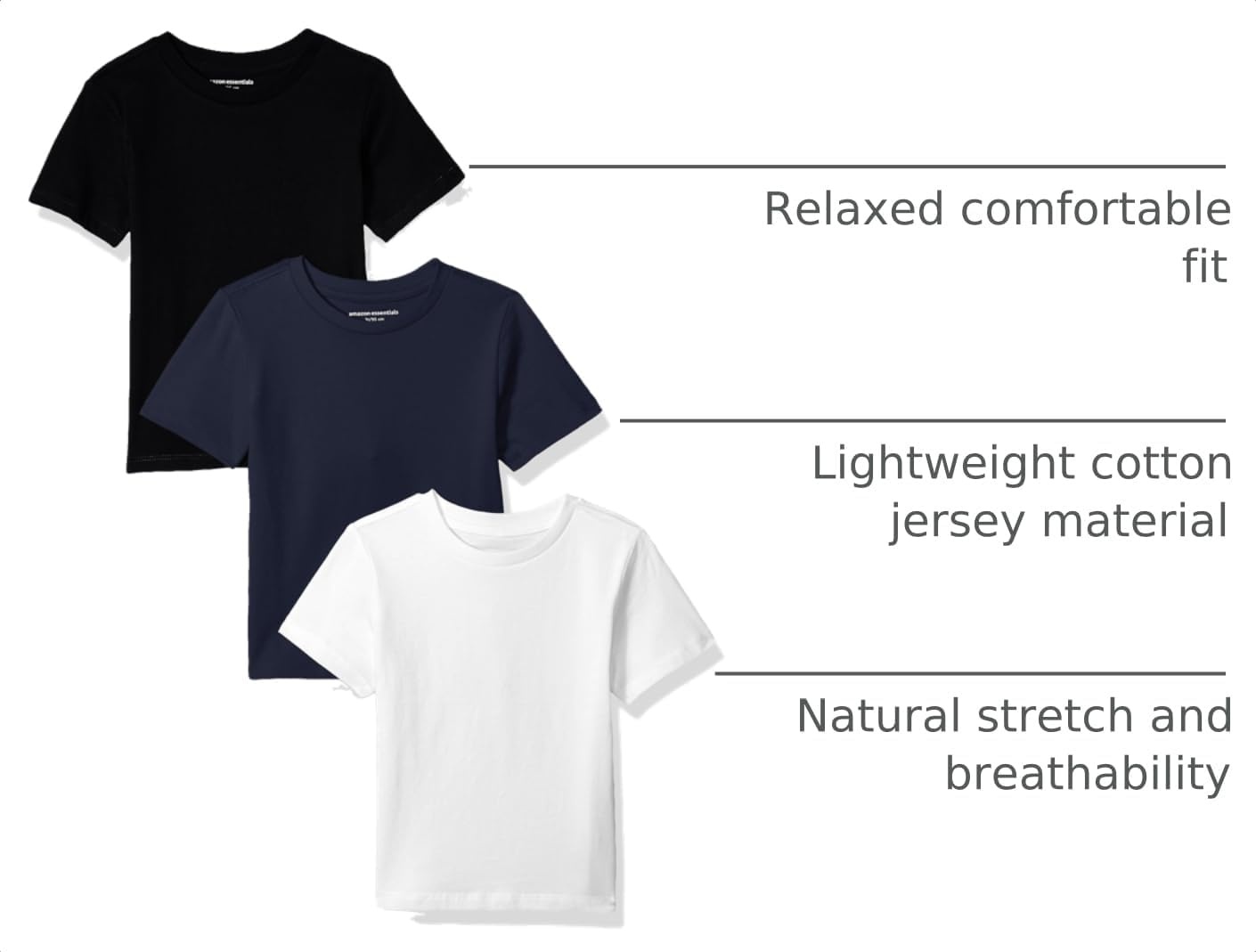 image:imageAmazon Essentials Boys and Toddlers Short Sleeve Tee Shirts Cotton Jersey MultipacksBlackNavyWhite