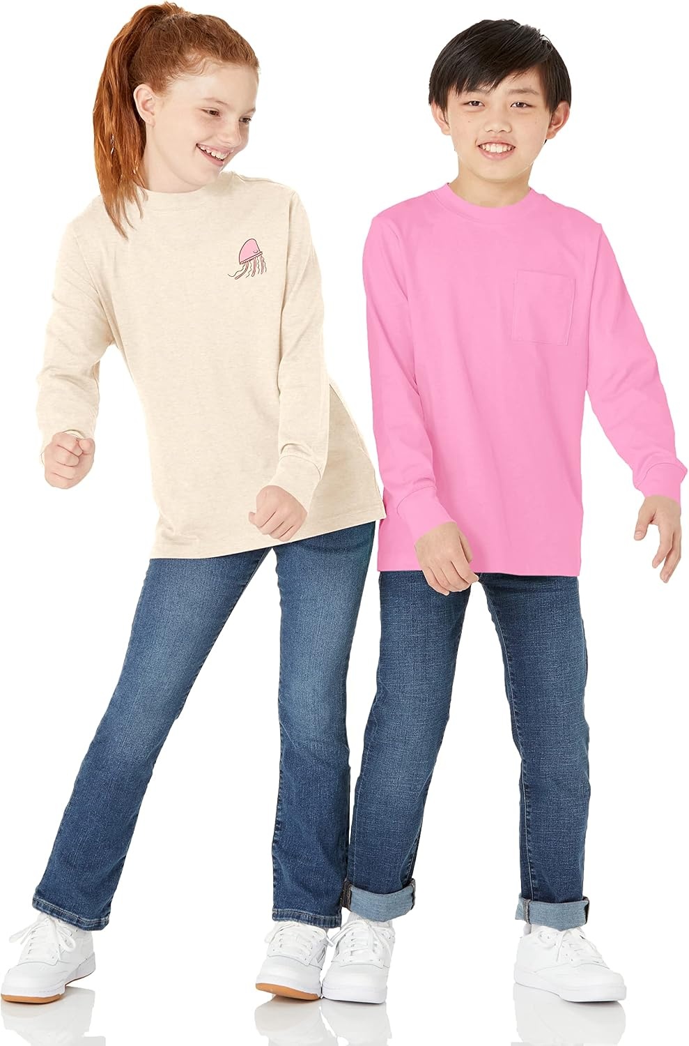 image:imageAmazon Essentials Unisex Kids and Toddlers LongSleeve Organic Cotton Rib Cuff TShirt Pack of 2Cream JellyfishPink