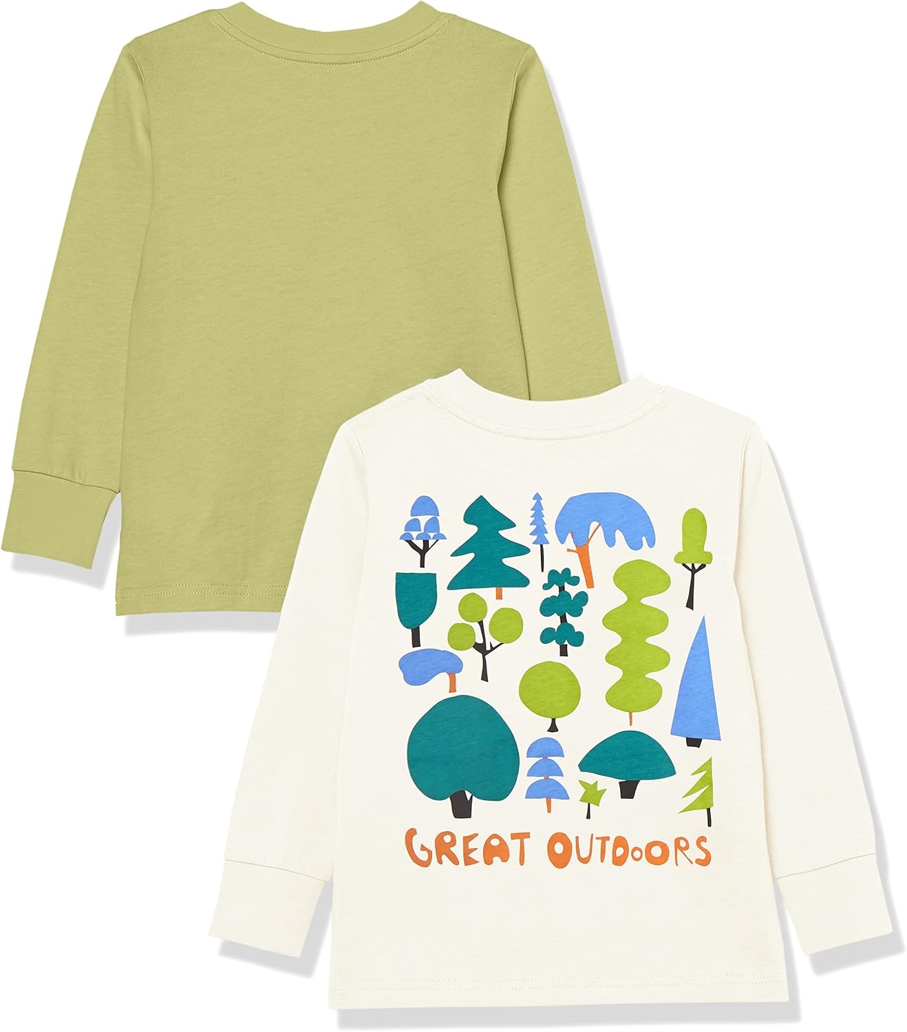 image:imageAmazon Essentials Unisex Kids and Toddlers LongSleeve Organic Cotton Rib Cuff TShirt Pack of 2Light OliveOffwhite Great Outdoors