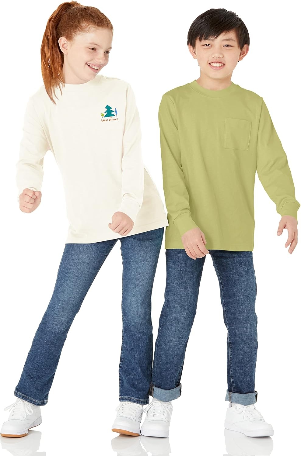 image:imageAmazon Essentials Unisex Kids and Toddlers LongSleeve Organic Cotton Rib Cuff TShirt Pack of 2Light OliveOffwhite Great Outdoors