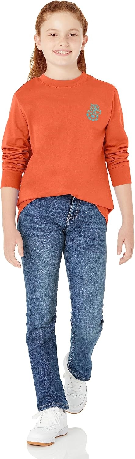 image:imageAmazon Essentials Unisex Kids and Toddlers LongSleeve Organic Cotton Rib Cuff TShirt Pack of 2Light OrangeMelon Orange Snake