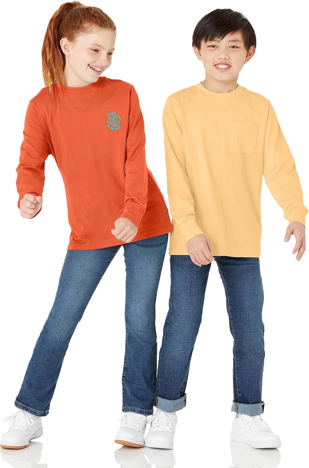 image:imageAmazon Essentials Unisex Kids and Toddlers LongSleeve Organic Cotton Rib Cuff TShirt Pack of 2Light OrangeMelon Orange Snake