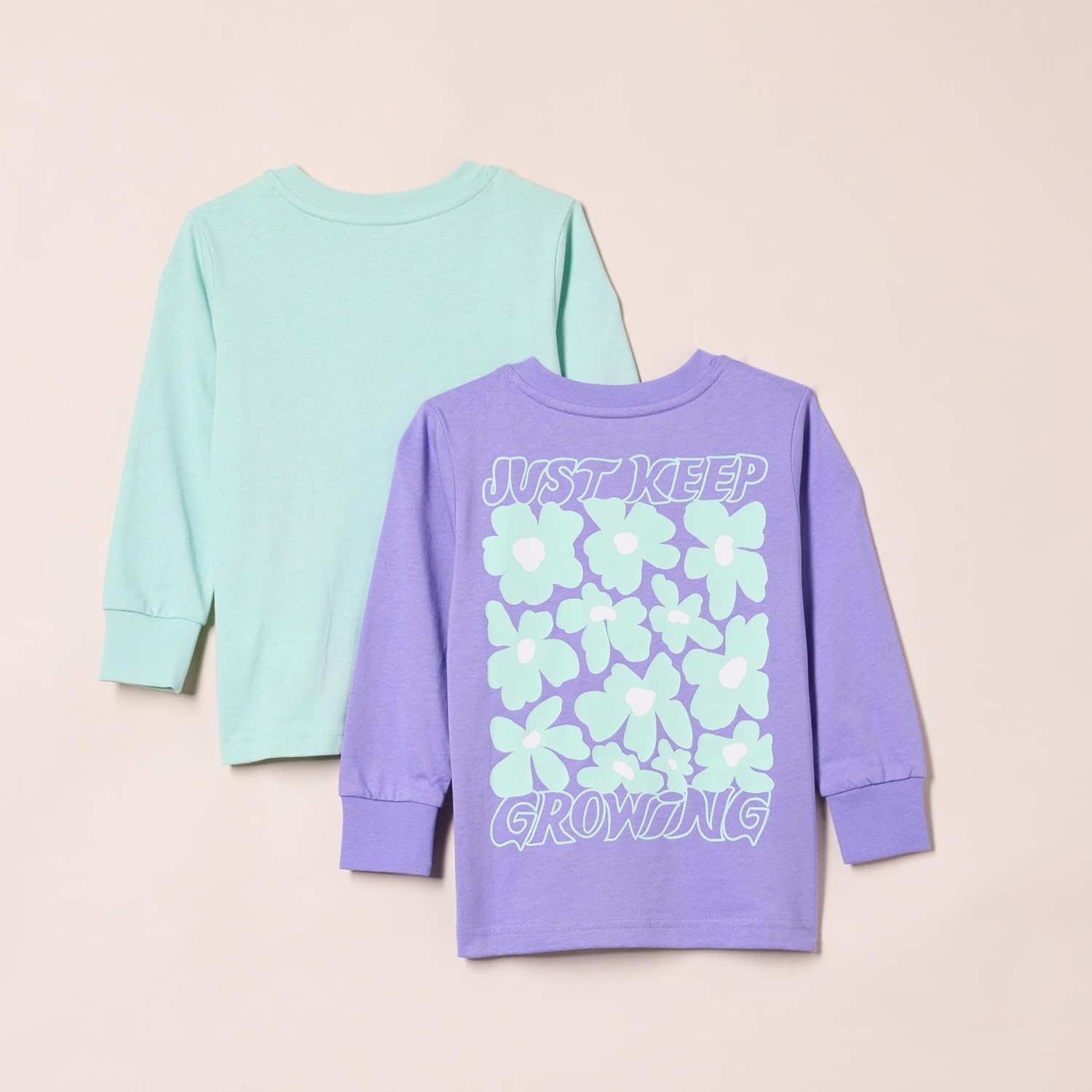 image:imageAmazon Essentials Unisex Kids and Toddlers LongSleeve Organic Cotton Rib Cuff TShirt Pack of 2Light PurpleMint Green Flowers