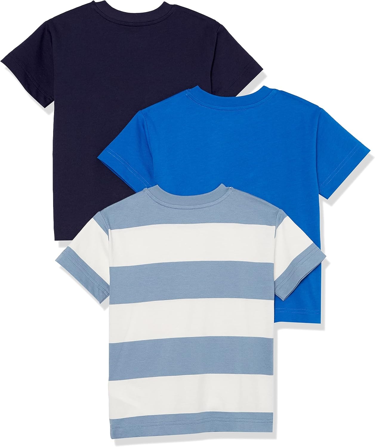 image:imageAmazon Essentials Unisex Kids and Toddlers Modern ShortSleeve Cotton TShirt Pack of 3Bright BlueDark NavyWhite Rugby Stripe