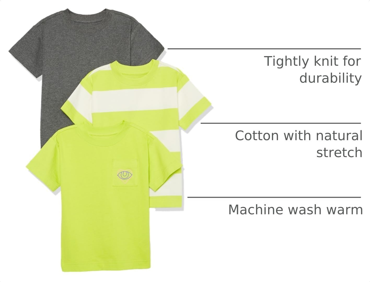 image:imageAmazon Essentials Unisex Kids and Toddlers Modern ShortSleeve Cotton TShirt Pack of 3Charcoal HeatherLime GreenWhite Rugby Stripe