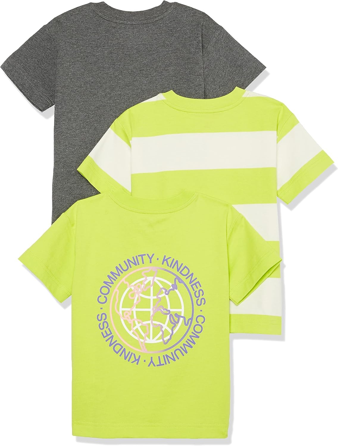 image:imageAmazon Essentials Unisex Kids and Toddlers Modern ShortSleeve Cotton TShirt Pack of 3Charcoal HeatherLime GreenWhite Rugby Stripe