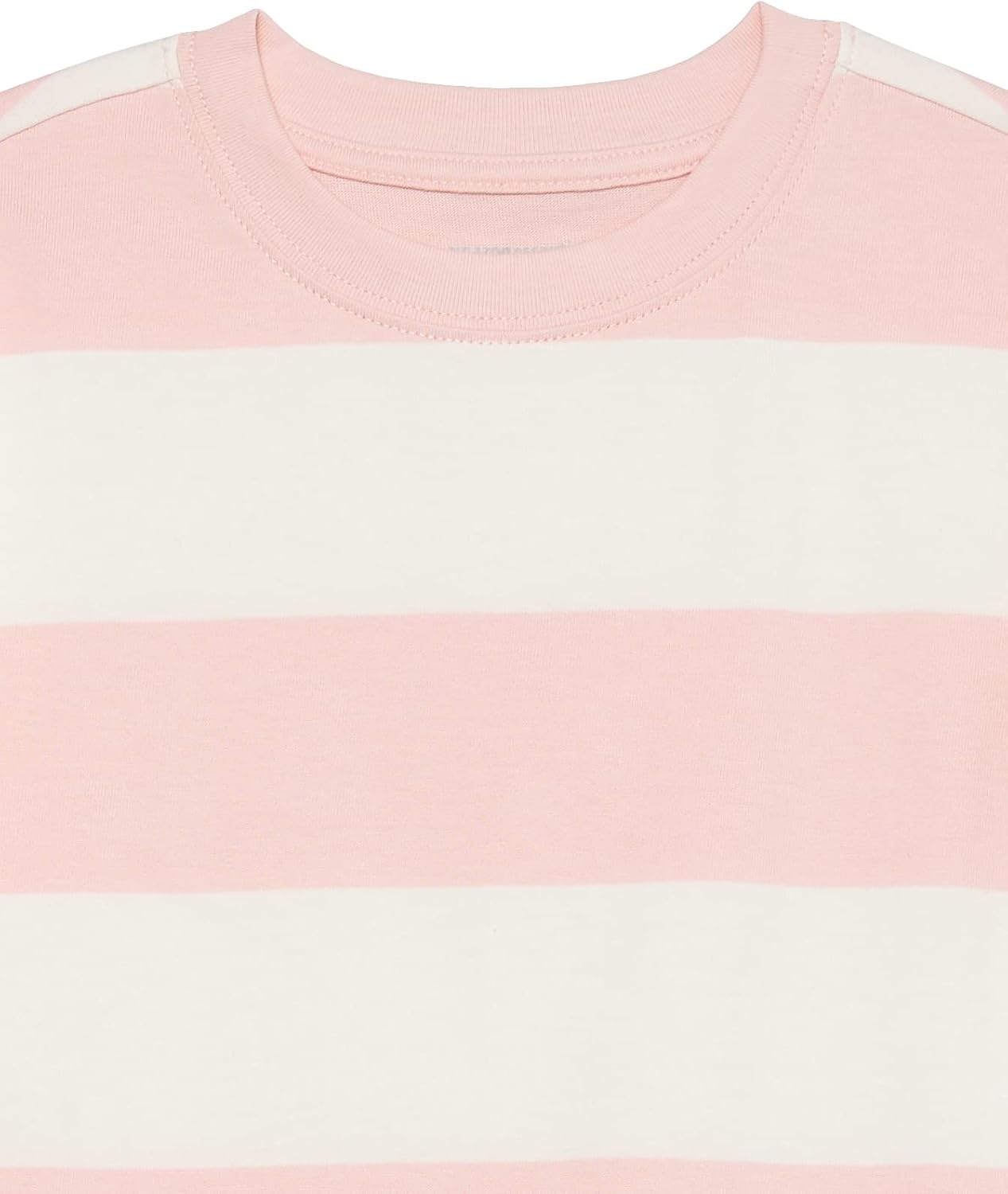 image:imageAmazon Essentials Unisex Kids and Toddlers Modern ShortSleeve Cotton TShirt Pack of 3Dusty RosePink Text PrintWhite Rugby Stripe