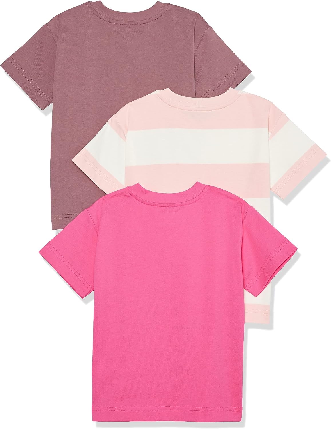 image:imageAmazon Essentials Unisex Kids and Toddlers Modern ShortSleeve Cotton TShirt Pack of 3Dusty RosePink Text PrintWhite Rugby Stripe