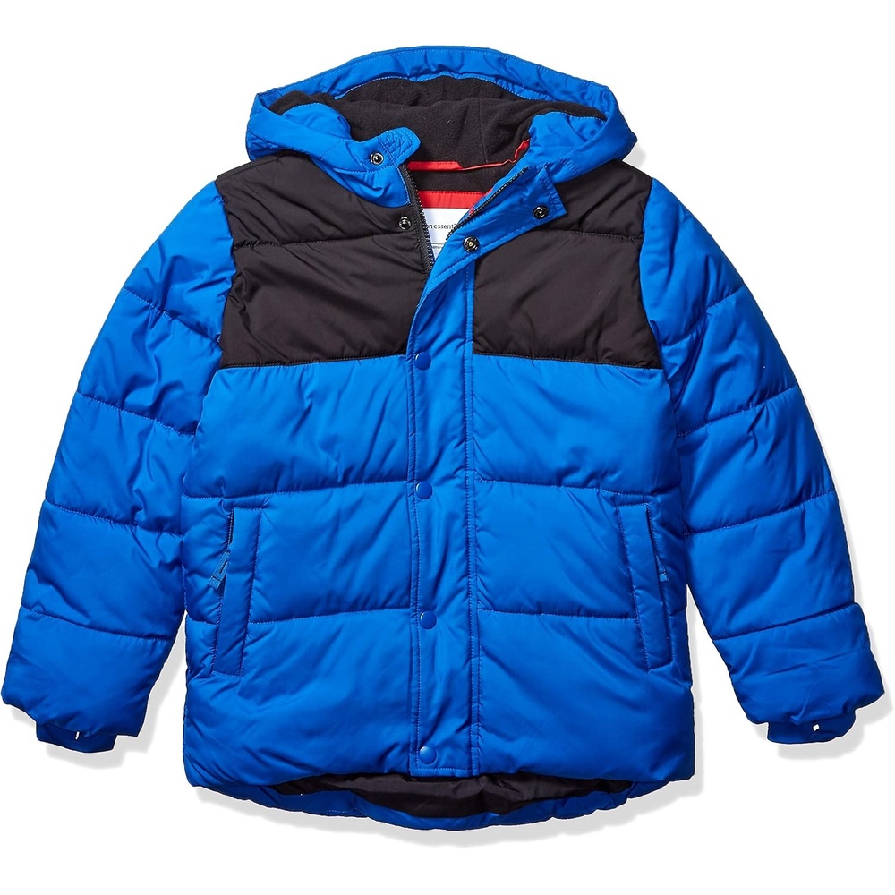 image:imageAmazon Essentials Babies Toddlers and Boys Heavyweight Hooded Puffer JacketBlack Cobalt Blue Color Block