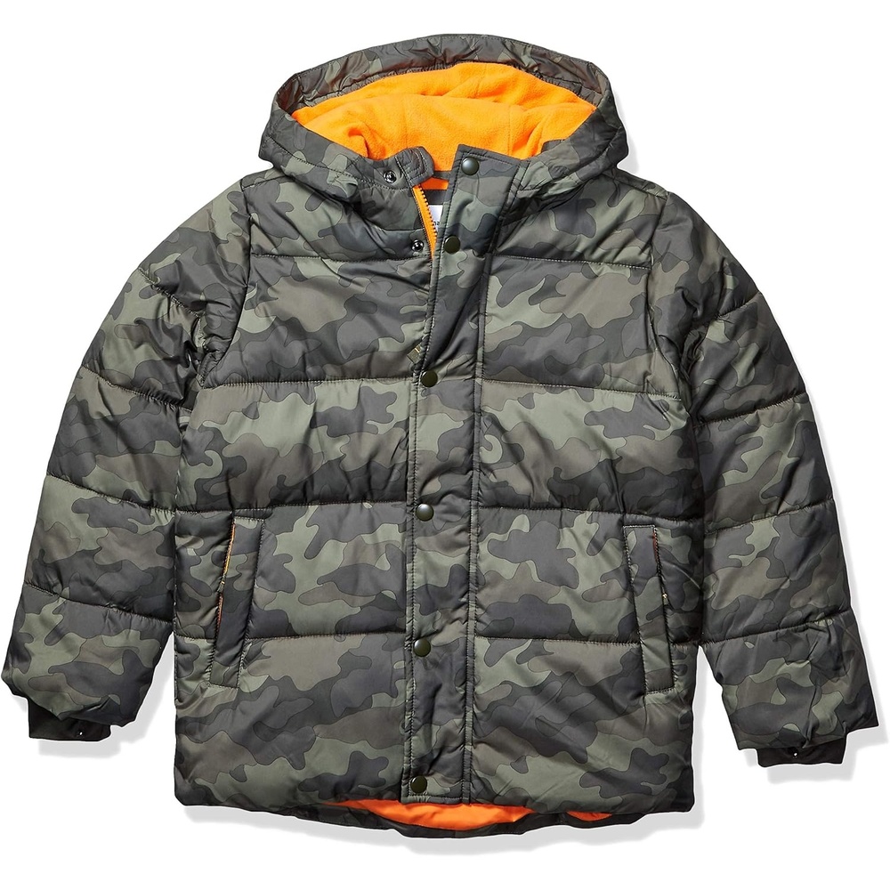 image:imageAmazon Essentials Babies Toddlers and Boys Heavyweight Hooded Puffer JacketDark Military Green Camouflage