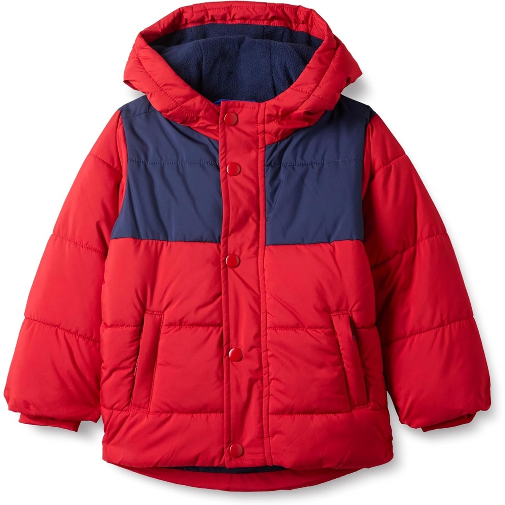 image:imageAmazon Essentials Babies Toddlers and Boys Heavyweight Hooded Puffer JacketNavy Red Color Block