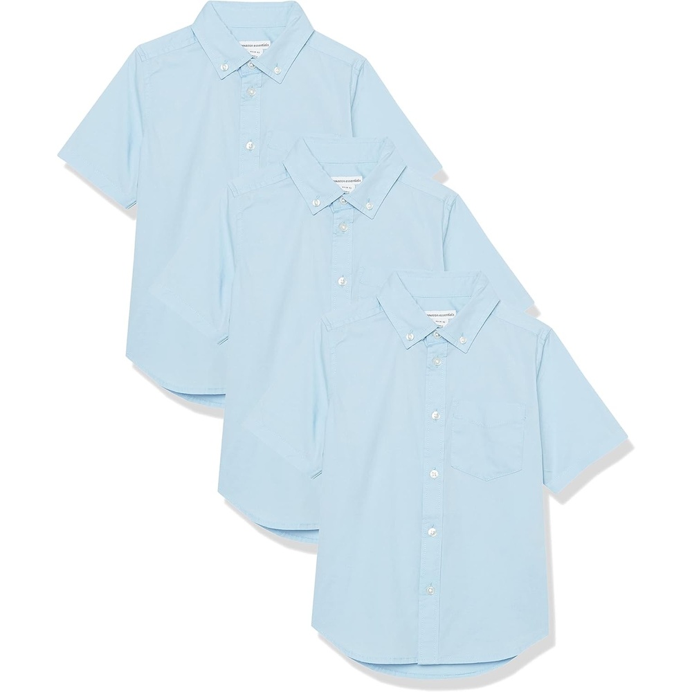 image:imageAmazon Essentials Boys Uniform ShortSleeve Woven Stretch Poplin ButtonDown Shirts Pack of 3Blue