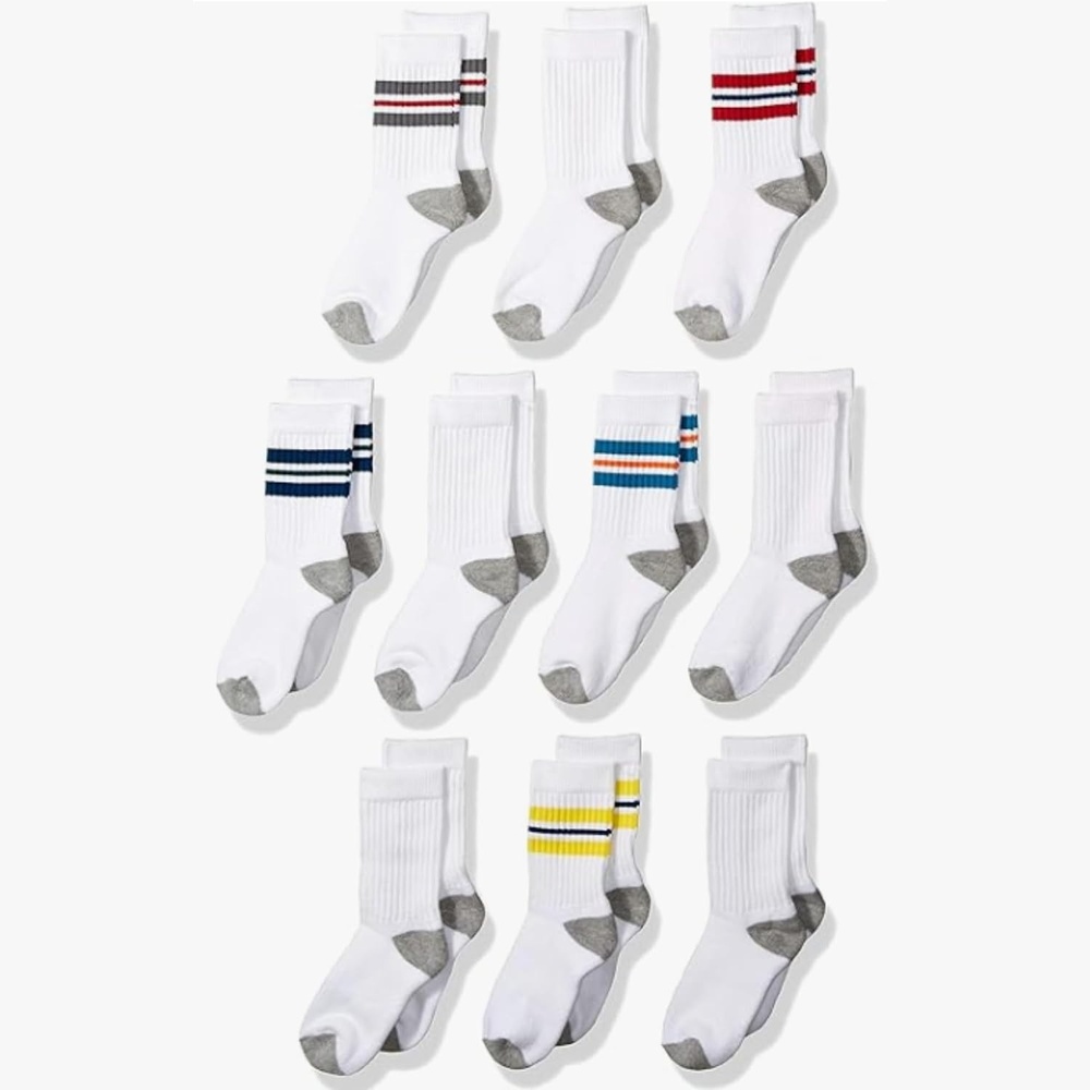 image:imageAmazon Essentials Boys and Toddlers Cushioned Athletic Crew Sports Socks for School KidsWhite With Color StripeWhite With Grey Heather Heel  Toe