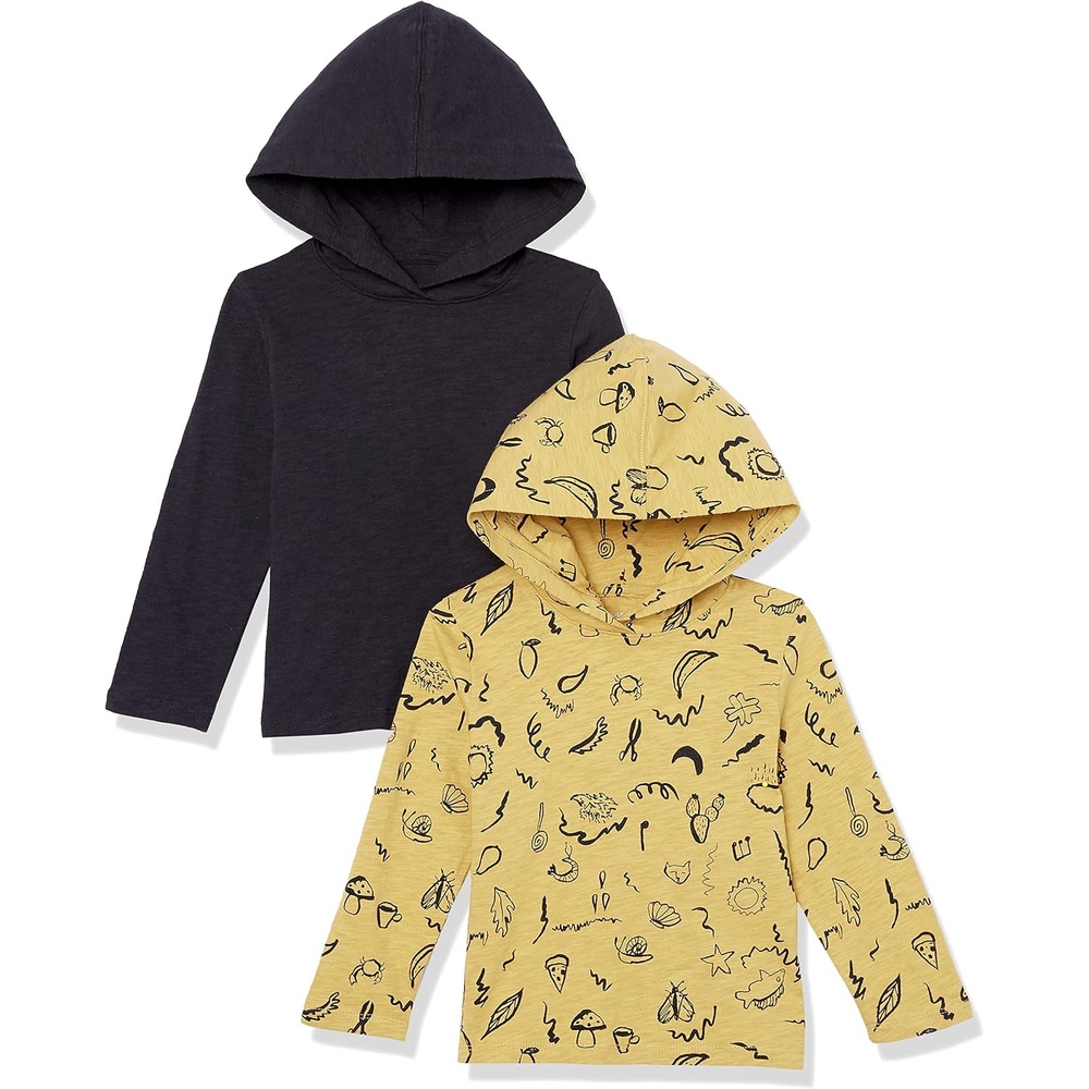 image:imageAmazon Essentials Boys and Toddlers Lightweight LongSleeve Hooded TShirt Pack of 2BlackYellow Outdoor Icons