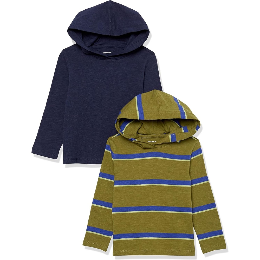 image:imageAmazon Essentials Boys and Toddlers Lightweight LongSleeve Hooded TShirt Pack of 2Dark Navy Uneven Stripe