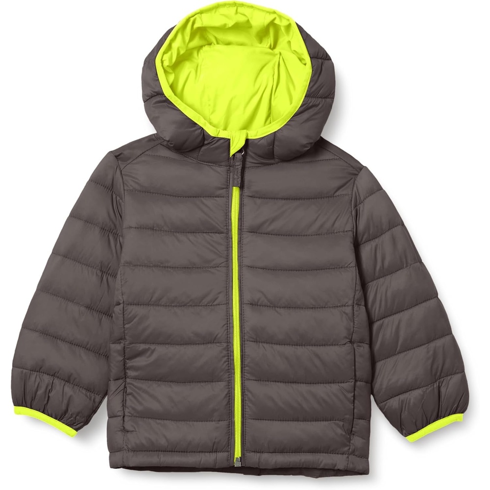 image:imageAmazon Essentials Boys and Toddlers Lightweight WaterResistant Packable Hooded Insulated Puffer JacketGrey With Neon Yellow