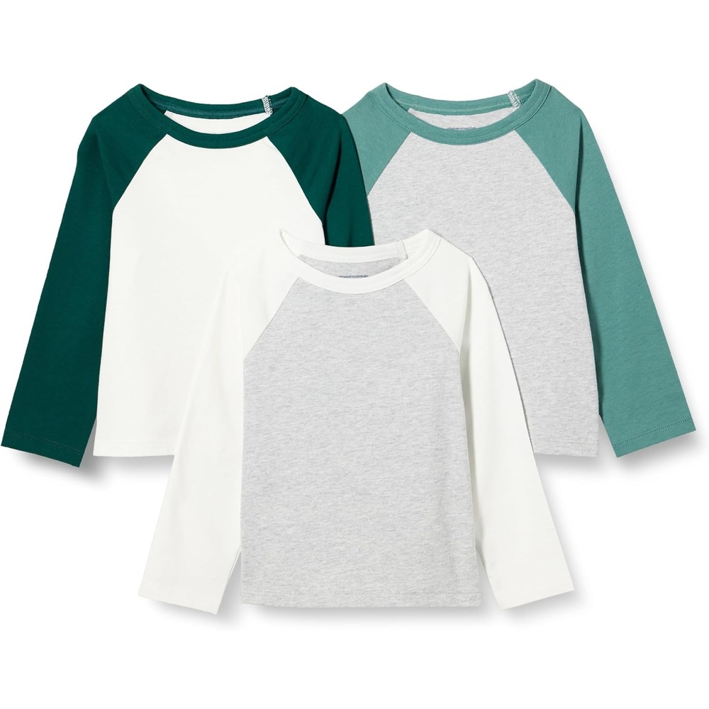 image:imageAmazon Essentials Boys and Toddlers Long Sleeve Cotton Jersey Tshirts Pack of 3GreenIvoryLight Heather Grey