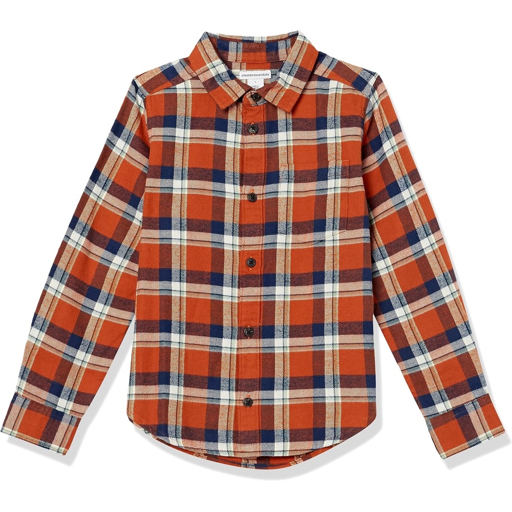 image:imageAmazon Essentials Boys and Toddlers Long Sleeve Flannel Button Down ShirtNavy Orange Plaid