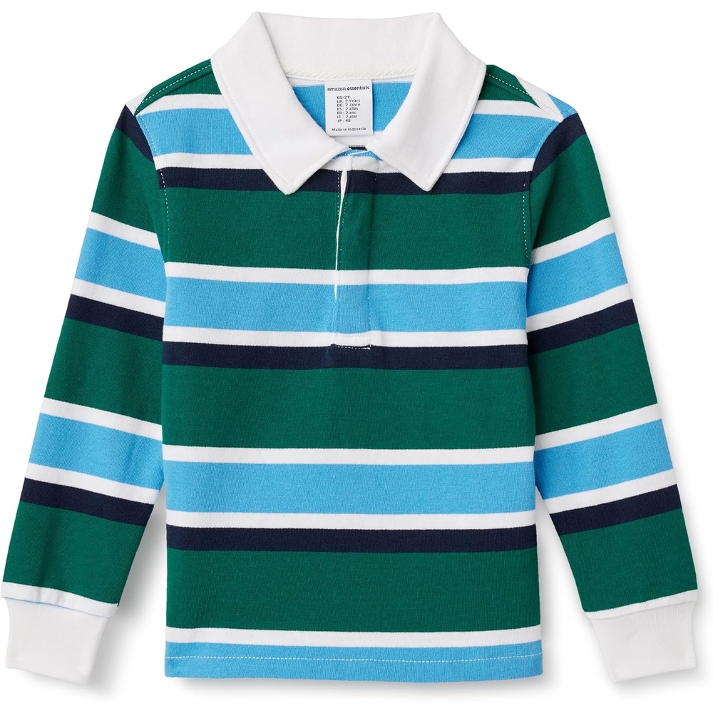 image:imageAmazon Essentials Boys and Toddlers Long Sleeve Rugby Polo ShirtDark Emerald Green Blue Block Stripe