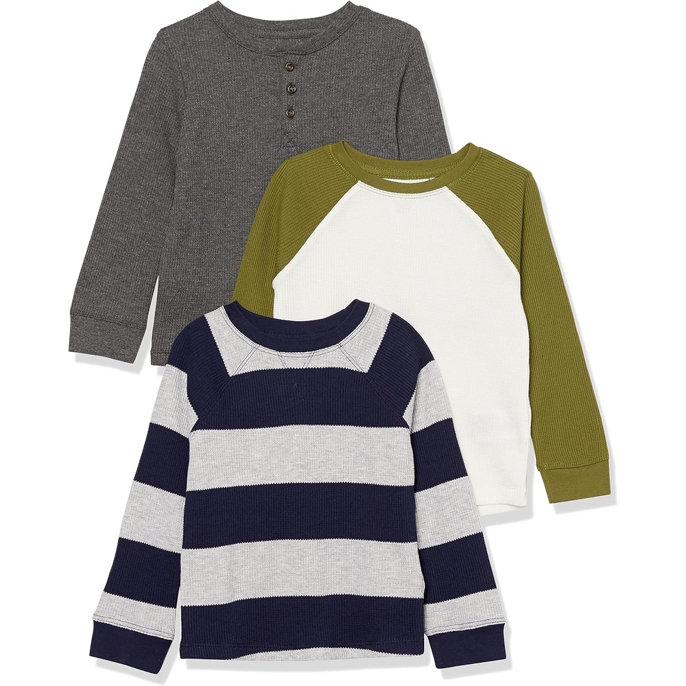 image:imageAmazon Essentials Boys and Toddlers LongSleeve Cotton Thermal TShirt Base Layer Pack of 3Dark GreyGrey Rugby StripeWhite