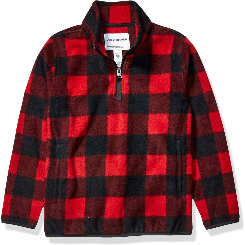image:imageAmazon Essentials Boys and Toddlers Midweight Polar Fleece QuarterZip Pullover Jacket Long SleeveRed Exploded Buffalo Check