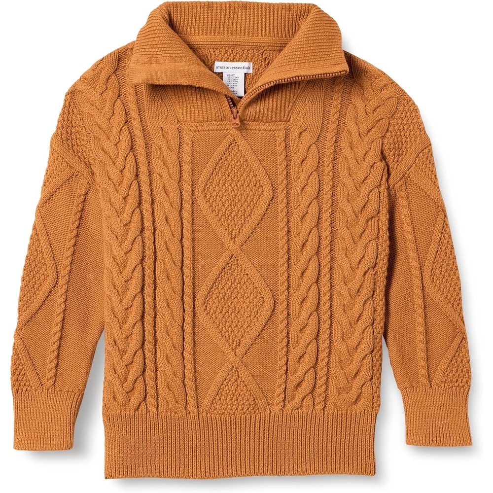image:imageAmazon Essentials Boys and Toddlers QuarterZip Cotton CableKnit RelaxedFit SweaterCaramel