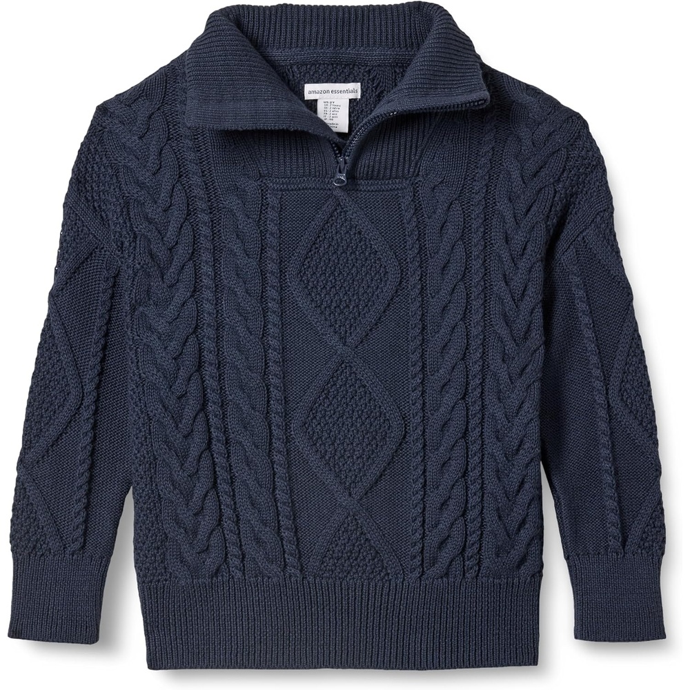 image:imageAmazon Essentials Boys and Toddlers QuarterZip Cotton CableKnit RelaxedFit SweaterNavy