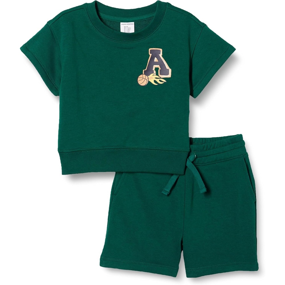 image:imageAmazon Essentials Boys and Toddlers Relaxed Fit Short Sleeve Sweatshirt and Shorts Set Pack of 2Dark Green Alphabet
