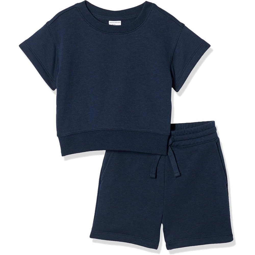 image:imageAmazon Essentials Boys and Toddlers Relaxed Fit Short Sleeve Sweatshirt and Shorts Set Pack of 2Navy