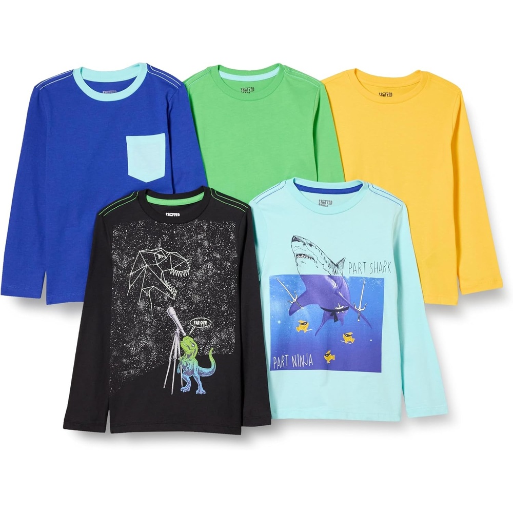 image:imageAmazon Essentials Toddler Boys LongSleeve Cotton TShirts Multipacks5pack Space Dino