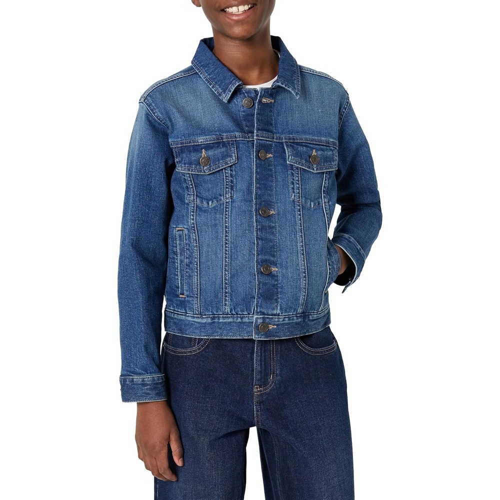image:imageAmazon Essentials Unisex Kids Medium Stretch RegularFit Denim Trucker JacketClassic Medium Wash