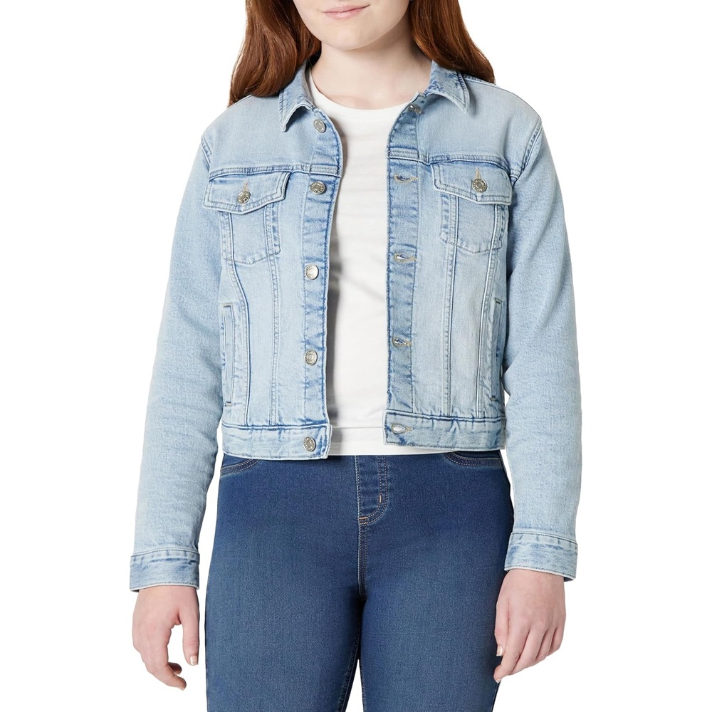 image:imageAmazon Essentials Unisex Kids Medium Stretch RegularFit Denim Trucker JacketTinted Ice Light Wash