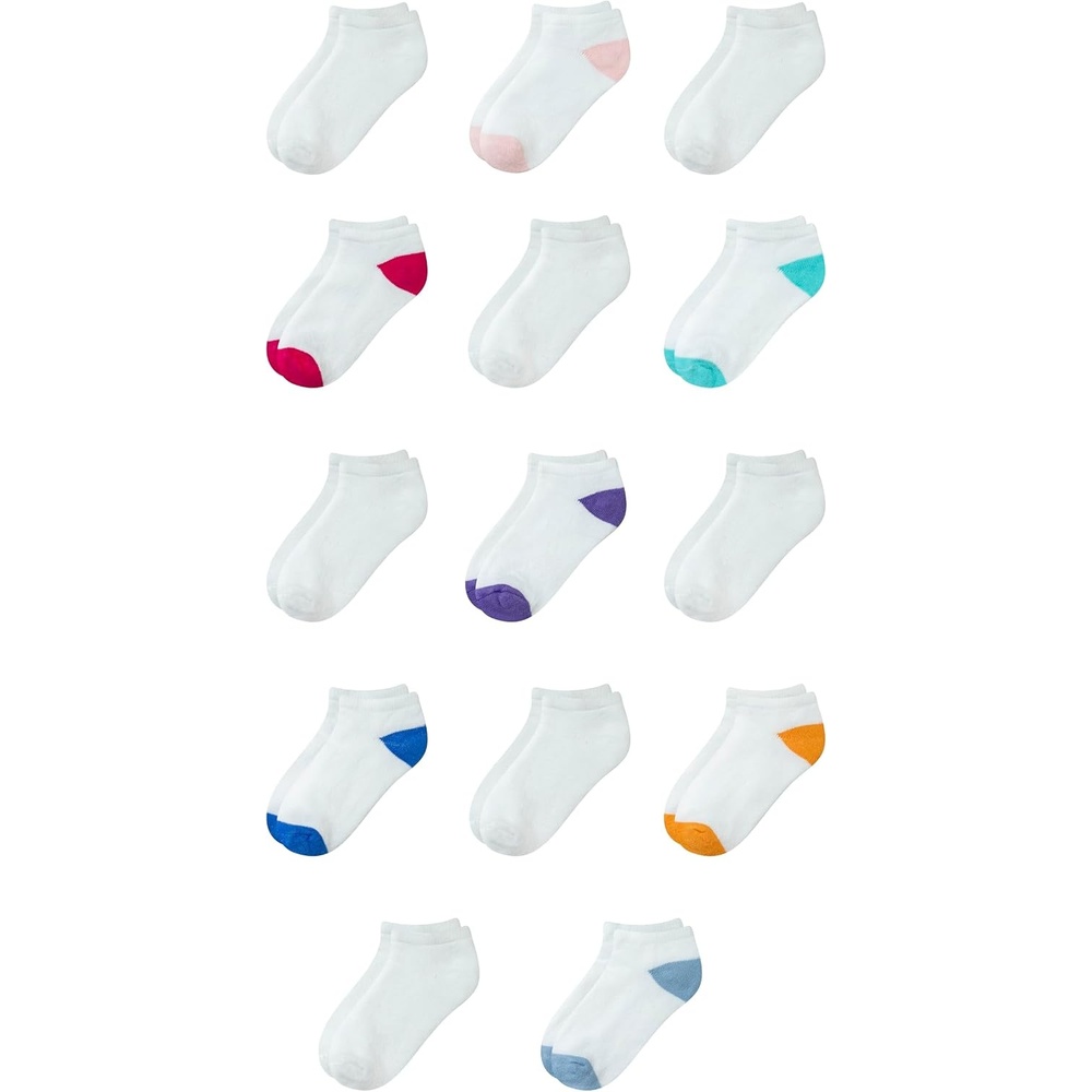 image:imageAmazon Essentials Unisex Kids and Toddlers Cotton Low Cut Ankle Socks 14 PairsWhiteWhite With Color Heel Toe