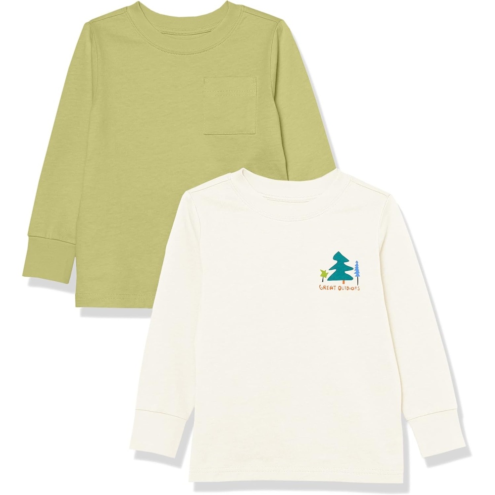 image:imageAmazon Essentials Unisex Kids and Toddlers LongSleeve Organic Cotton Rib Cuff TShirt Pack of 2Light OliveOffwhite Great Outdoors