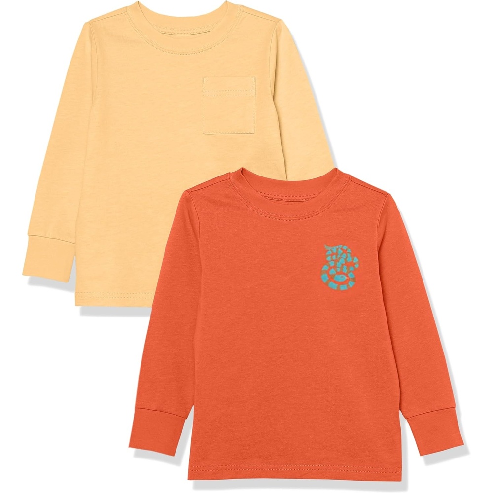 image:imageAmazon Essentials Unisex Kids and Toddlers LongSleeve Organic Cotton Rib Cuff TShirt Pack of 2Light OrangeMelon Orange Snake