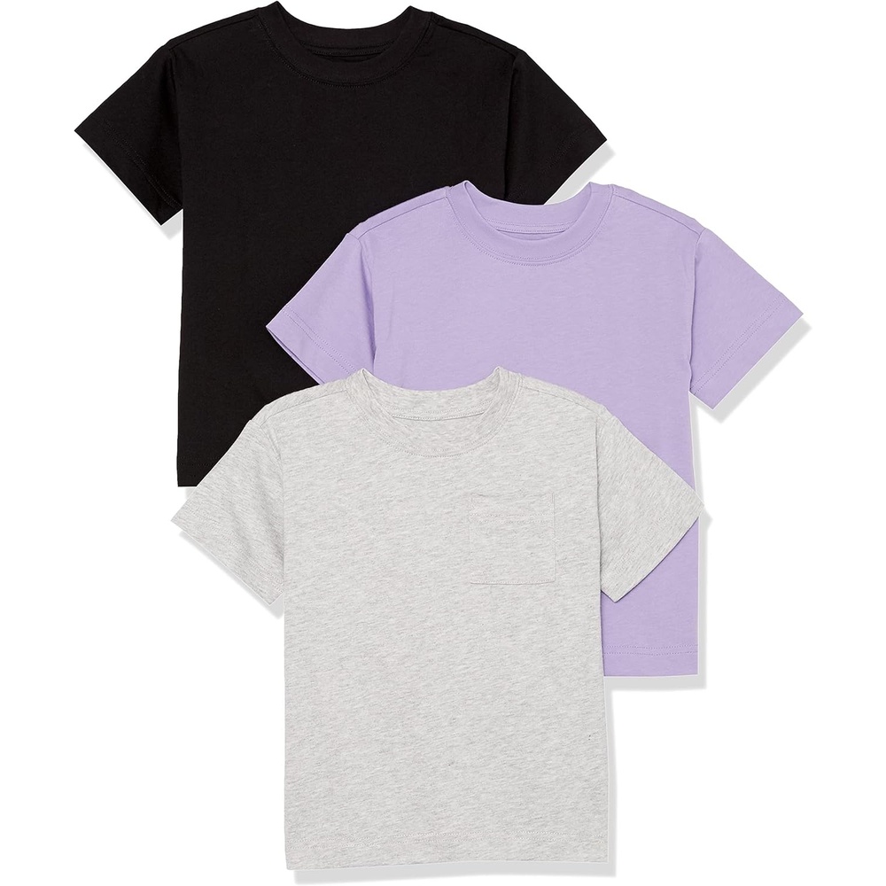 image:imageAmazon Essentials Unisex Kids and Toddlers Modern ShortSleeve Cotton TShirt Pack of 3BlackGrey HeatherPurple