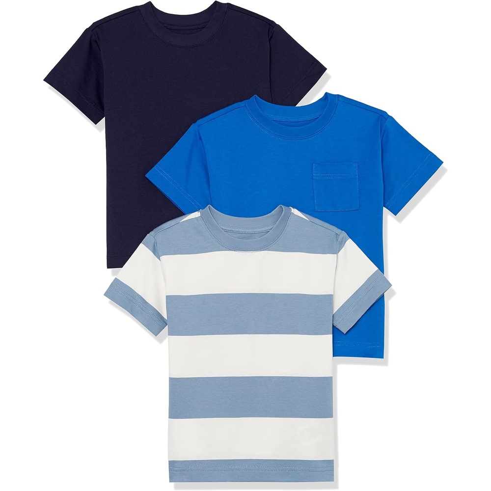 image:imageAmazon Essentials Unisex Kids and Toddlers Modern ShortSleeve Cotton TShirt Pack of 3Bright BlueDark NavyWhite Rugby Stripe