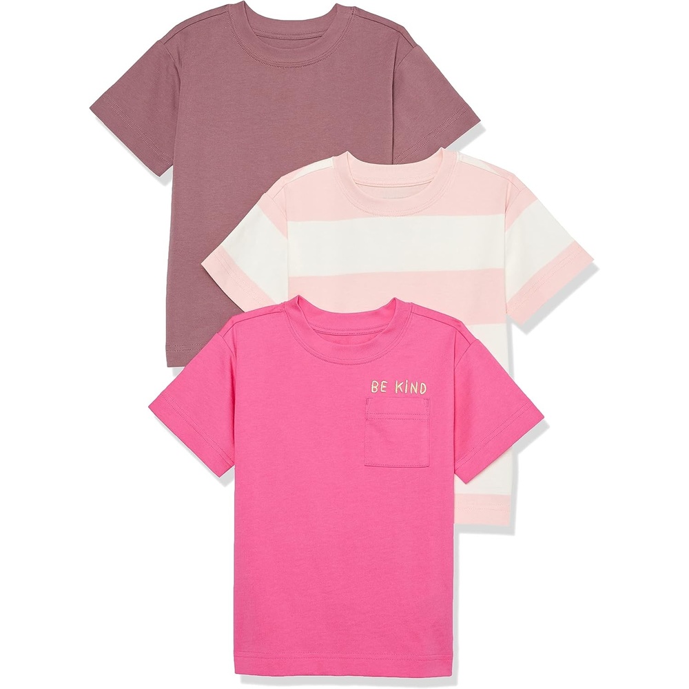 image:imageAmazon Essentials Unisex Kids and Toddlers Modern ShortSleeve Cotton TShirt Pack of 3Dark RoseNeon Pink  Rugby Stripe