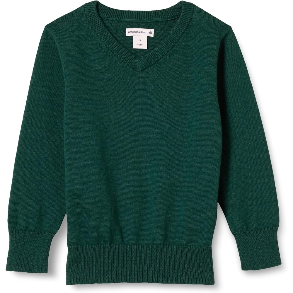 image:imageAmazon Essentials Unisex Kids and Toddlers Uniform Cotton VNeck Pullover Knit SweaterDark Green Heather